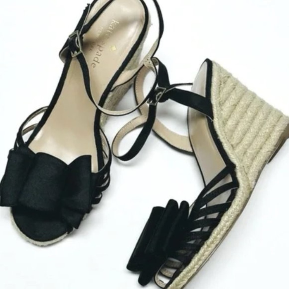 Kate Spade New York Biana Bow Espadrille Wedge Sandals in black grosgrain 6.5